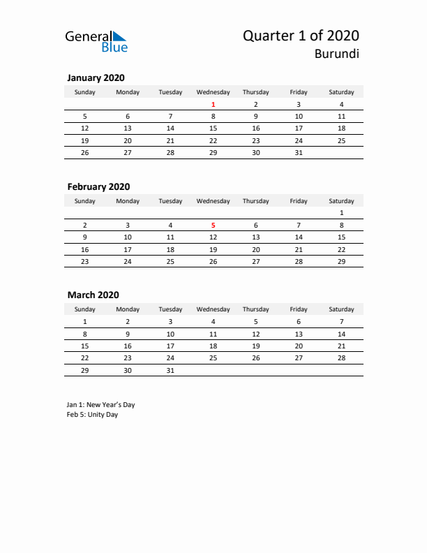 2020 Q1 Three-Month Calendar for Burundi