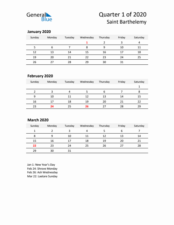 2020 Q1 Three-Month Calendar for Saint Barthelemy