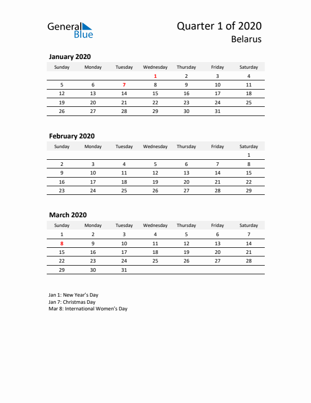 2020 Q1 Three-Month Calendar for Belarus