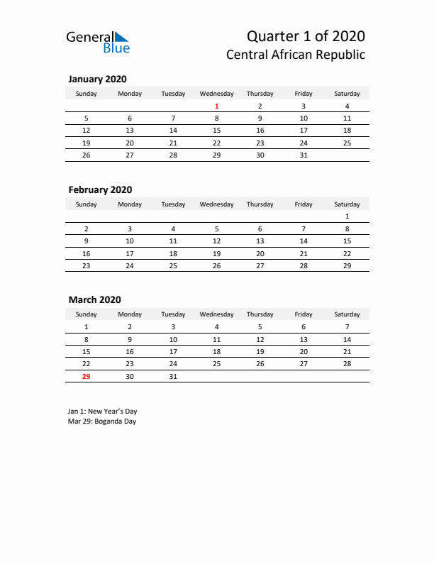 2020 Q1 Three-Month Calendar for Central African Republic