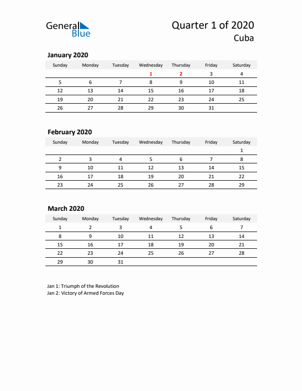 2020 Q1 Three-Month Calendar for Cuba