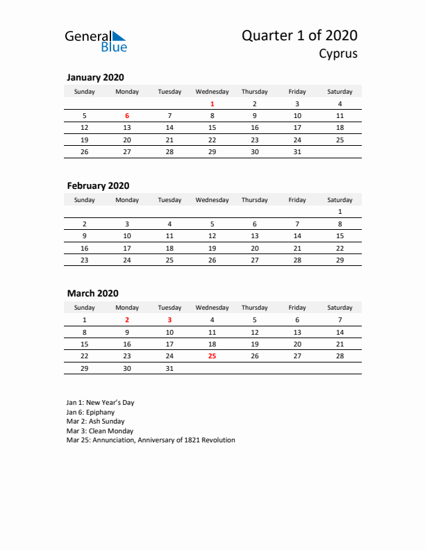 2020 Q1 Three-Month Calendar for Cyprus