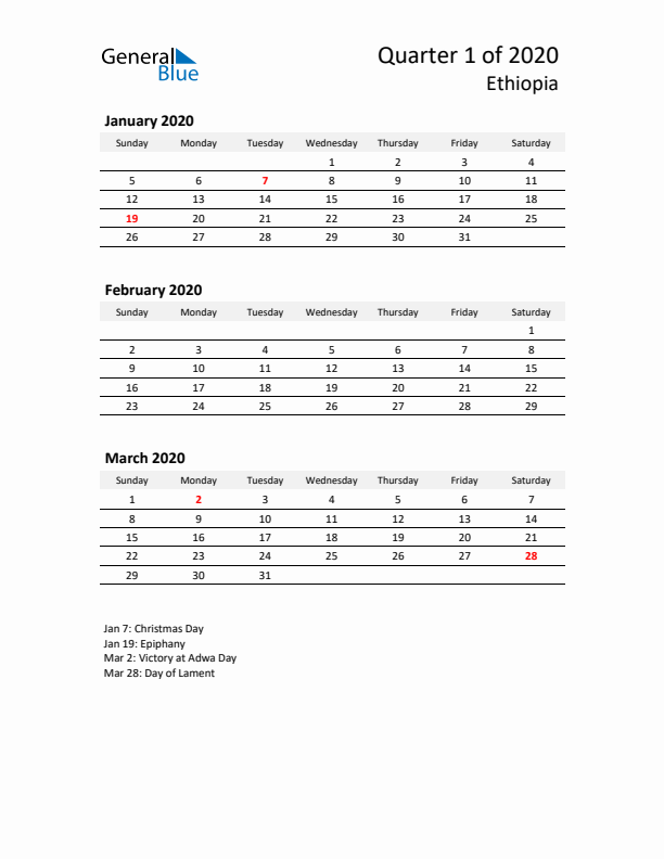 2020 Q1 Three-Month Calendar for Ethiopia