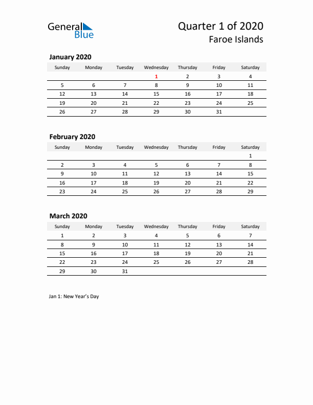 2020 Q1 Three-Month Calendar for Faroe Islands