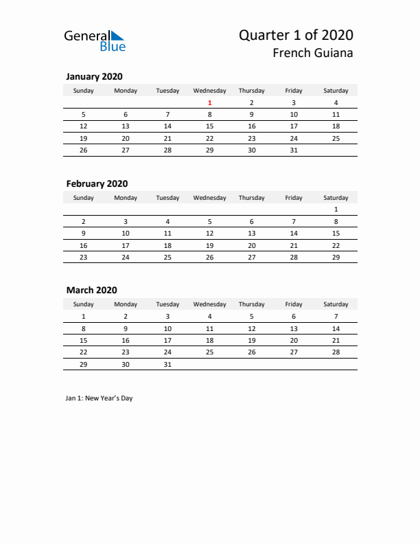 2020 Q1 Three-Month Calendar for French Guiana