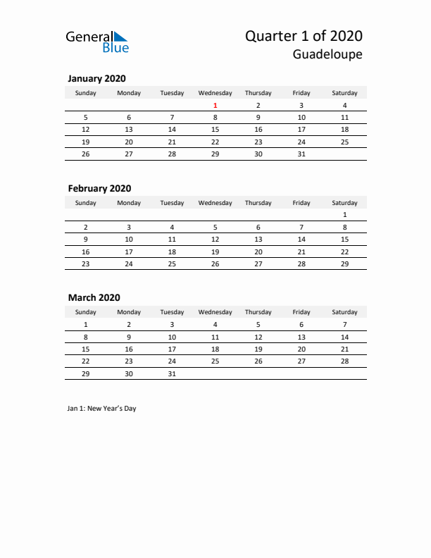 2020 Q1 Three-Month Calendar for Guadeloupe