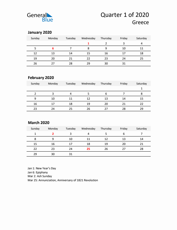 2020 Q1 Three-Month Calendar for Greece