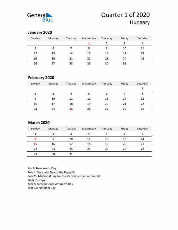 2020 Q1 Three-Month Calendar for Hungary