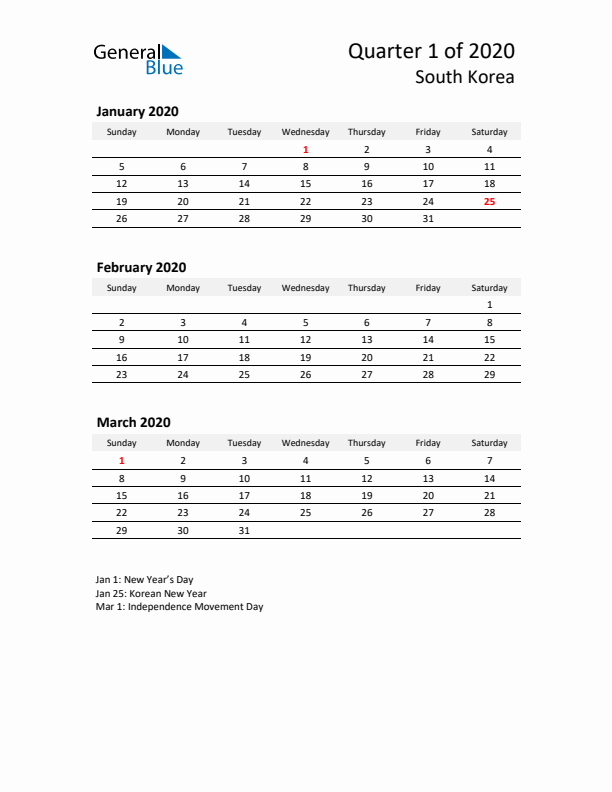 2020 Q1 Three-Month Calendar for South Korea