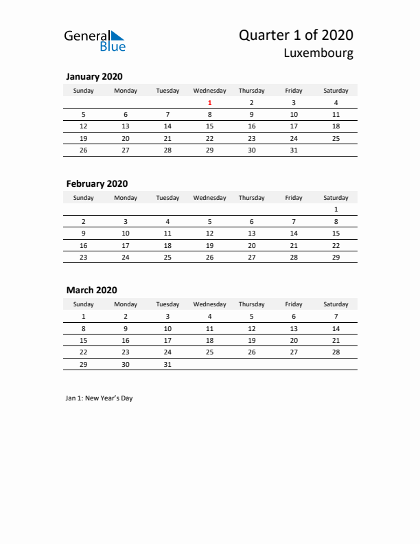 2020 Q1 Three-Month Calendar for Luxembourg