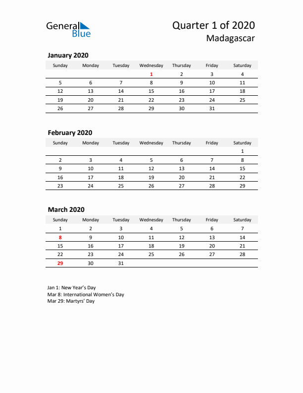 2020 Q1 Three-Month Calendar for Madagascar