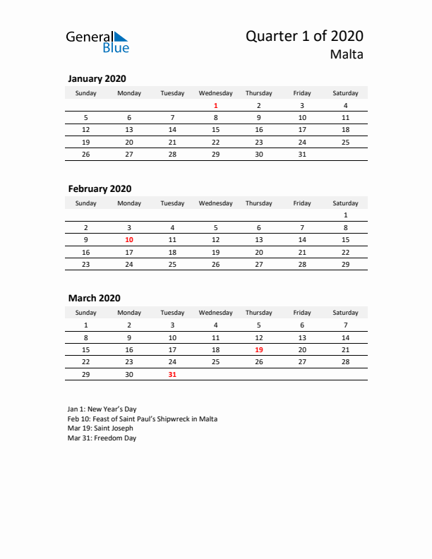 2020 Q1 Three-Month Calendar for Malta