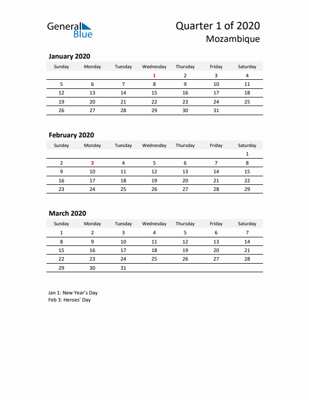 2020 Q1 Three-Month Calendar for Mozambique