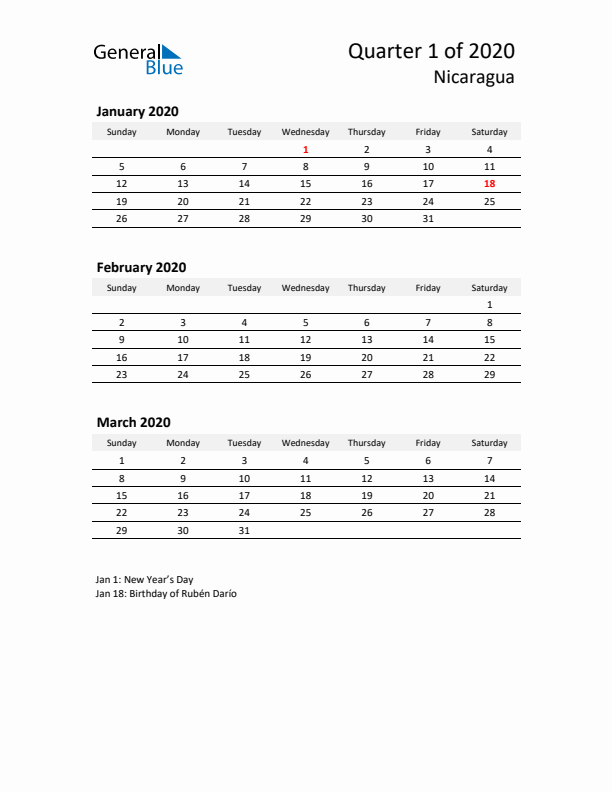 2020 Q1 Three-Month Calendar for Nicaragua