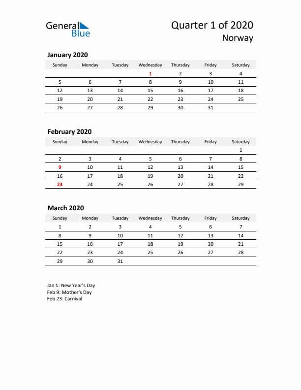 2020 Q1 Three-Month Calendar for Norway