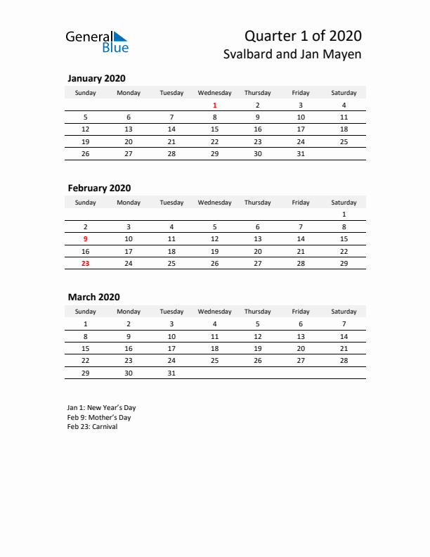 2020 Q1 Three-Month Calendar for Svalbard and Jan Mayen