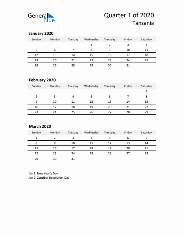 2020 Q1 Three-Month Calendar for Tanzania