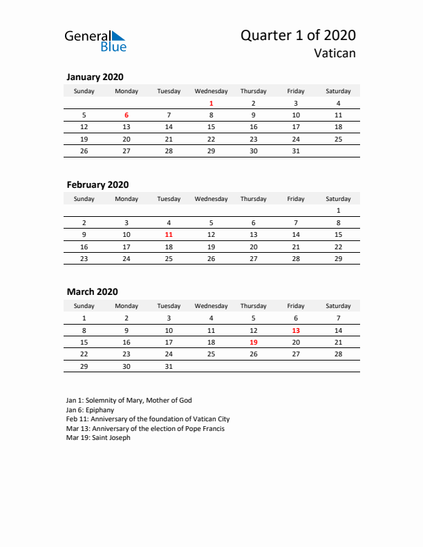 2020 Q1 Three-Month Calendar for Vatican