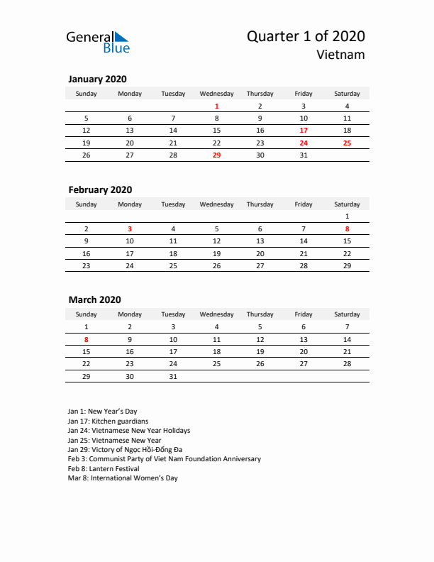 2020 Q1 Three-Month Calendar for Vietnam