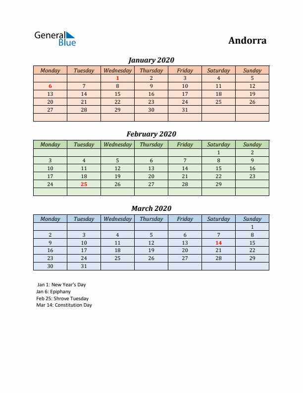 Q1 2020 Holiday Calendar - Andorra