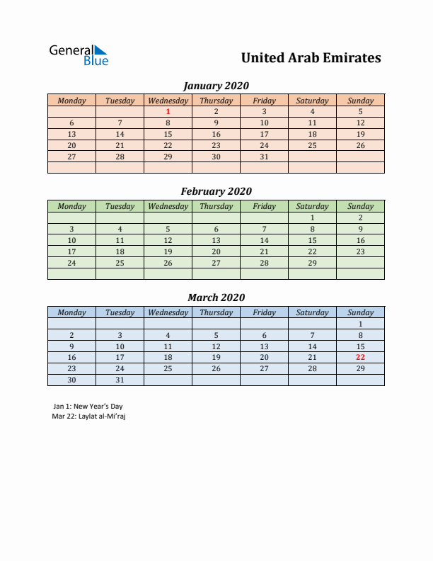 Q1 2020 Holiday Calendar - United Arab Emirates