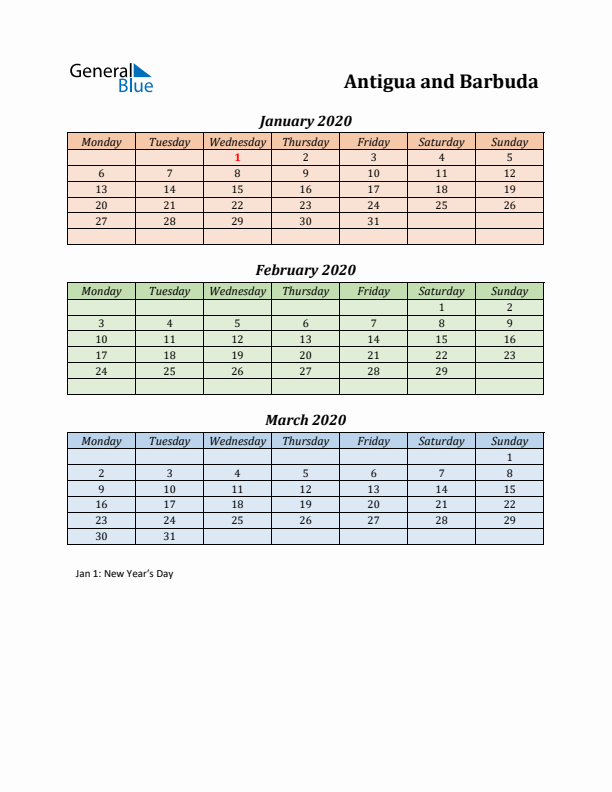 Q1 2020 Holiday Calendar - Antigua and Barbuda