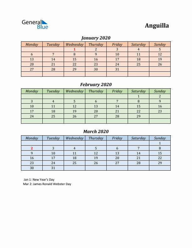 Q1 2020 Holiday Calendar - Anguilla