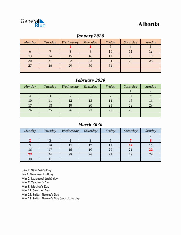 Q1 2020 Holiday Calendar - Albania