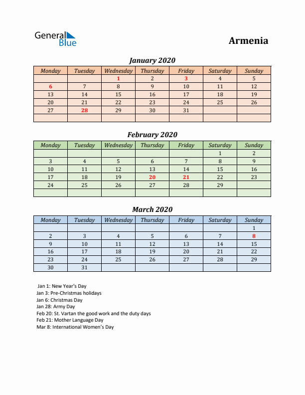 Q1 2020 Holiday Calendar - Armenia