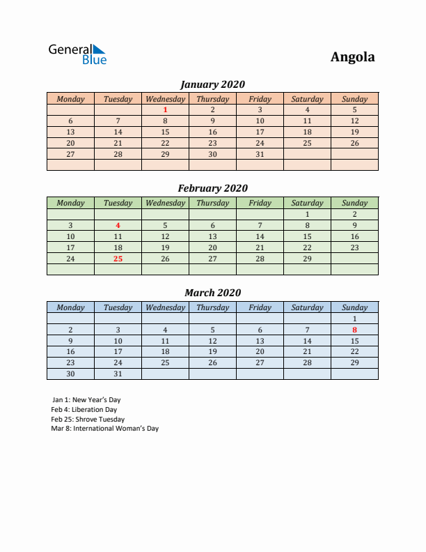 Q1 2020 Holiday Calendar - Angola