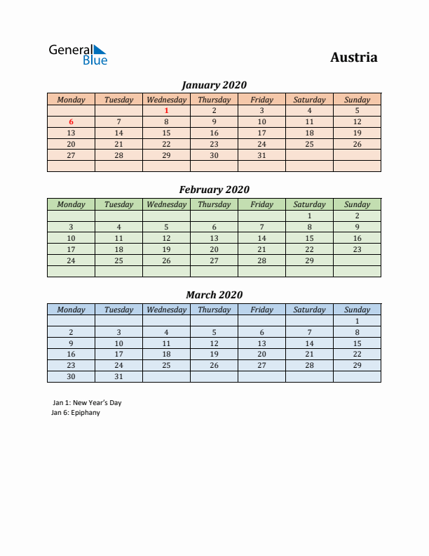 Q1 2020 Holiday Calendar - Austria