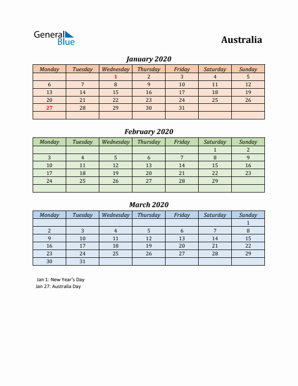 Q1 2020 Holiday Calendar - Australia