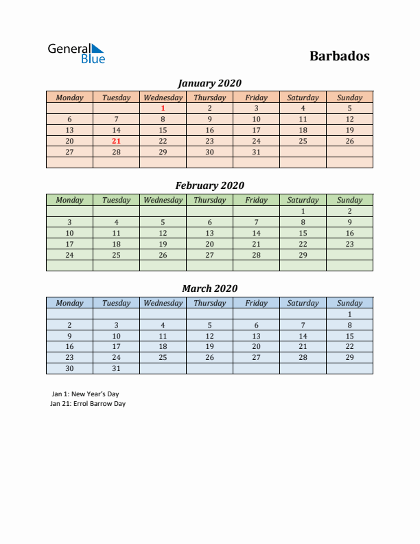 Q1 2020 Holiday Calendar - Barbados