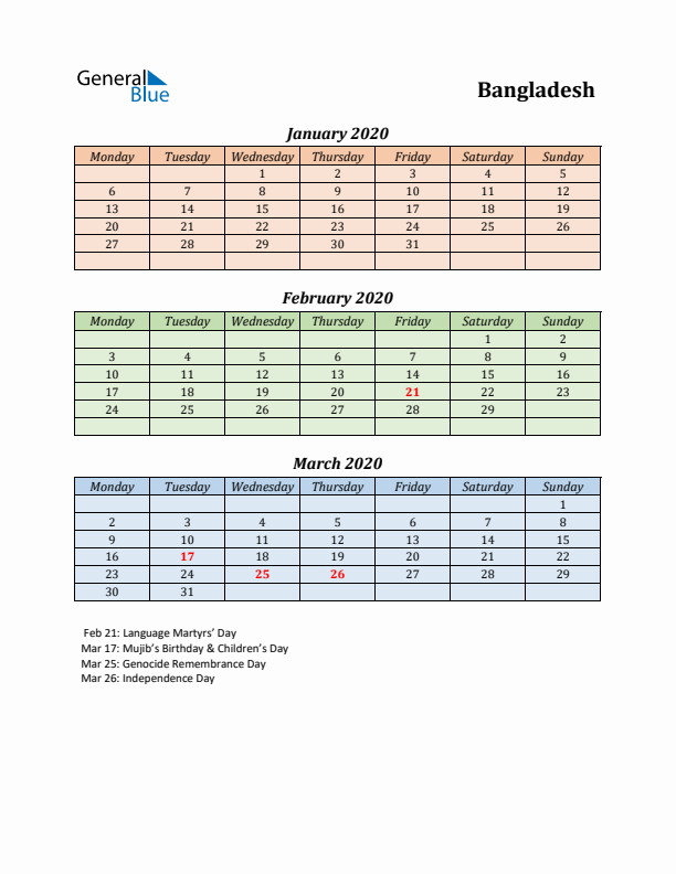 Q1 2020 Holiday Calendar - Bangladesh