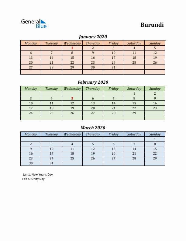 Q1 2020 Holiday Calendar - Burundi