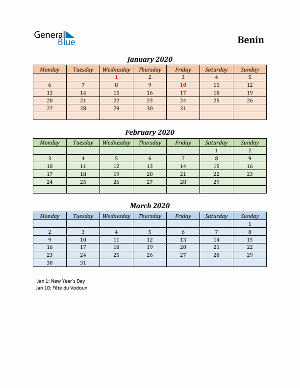 Q1 2020 Holiday Calendar - Benin