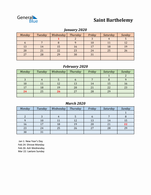 Q1 2020 Holiday Calendar - Saint Barthelemy