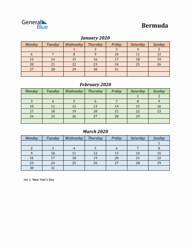 Q1 2020 Holiday Calendar - Bermuda