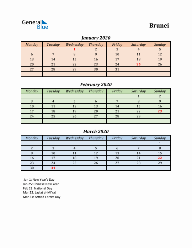 Q1 2020 Holiday Calendar - Brunei