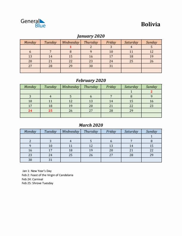 Q1 2020 Holiday Calendar - Bolivia