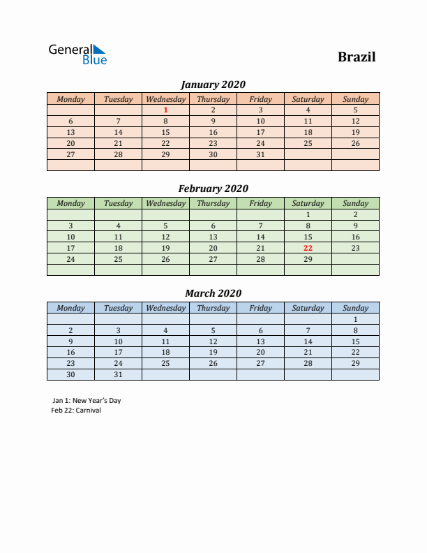 Q1 2020 Holiday Calendar - Brazil