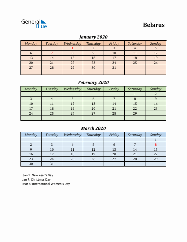 Q1 2020 Holiday Calendar - Belarus