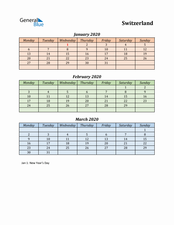 Q1 2020 Holiday Calendar - Switzerland