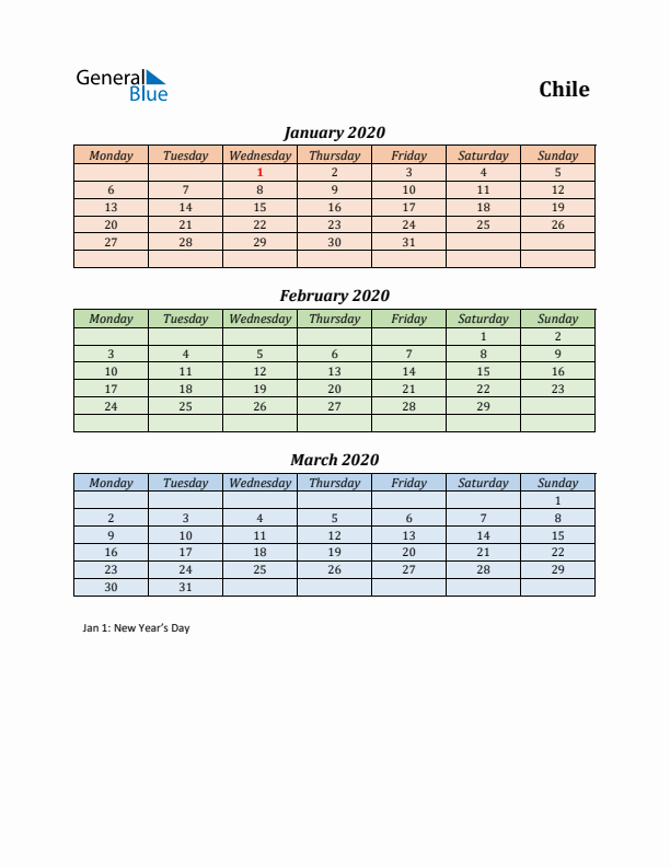 Q1 2020 Holiday Calendar - Chile