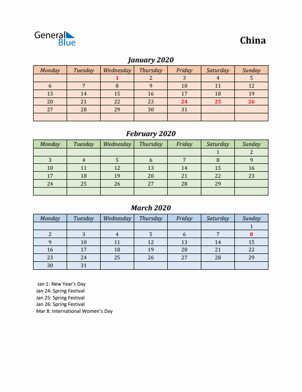 Q1 2020 Holiday Calendar - China