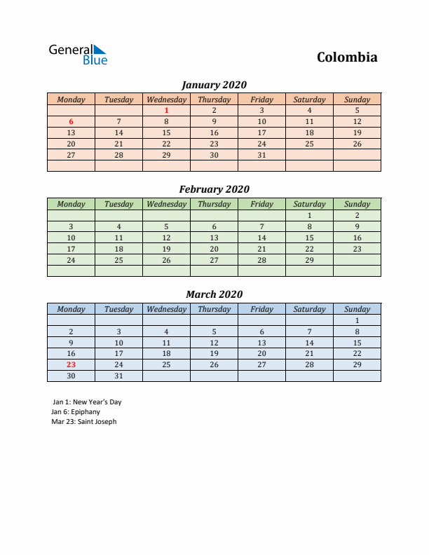 Q1 2020 Holiday Calendar - Colombia