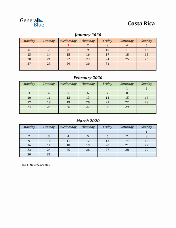 Q1 2020 Holiday Calendar - Costa Rica