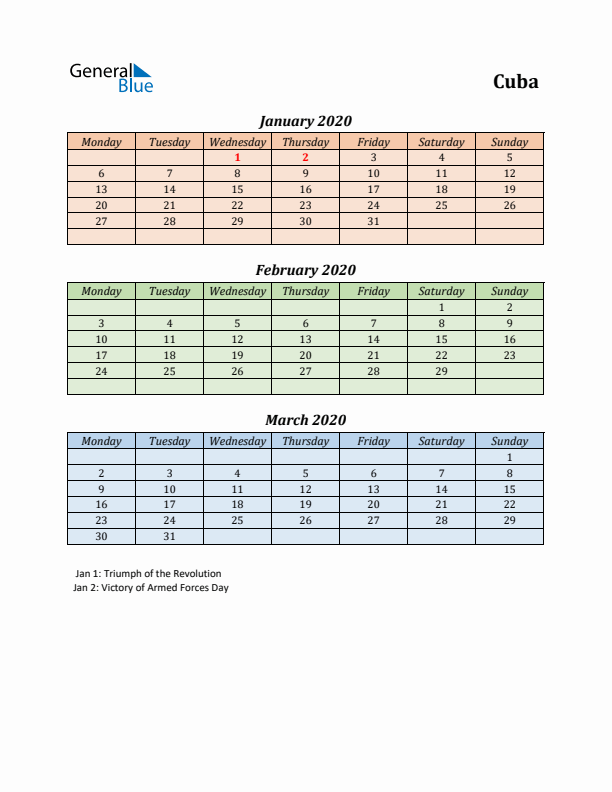 Q1 2020 Holiday Calendar - Cuba