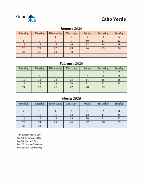 Q1 2020 Holiday Calendar - Cabo Verde