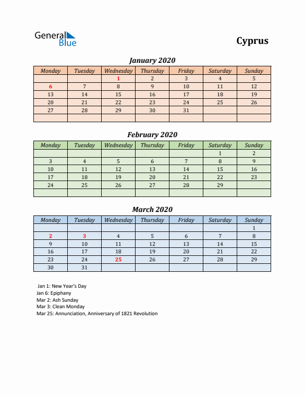 Q1 2020 Holiday Calendar - Cyprus